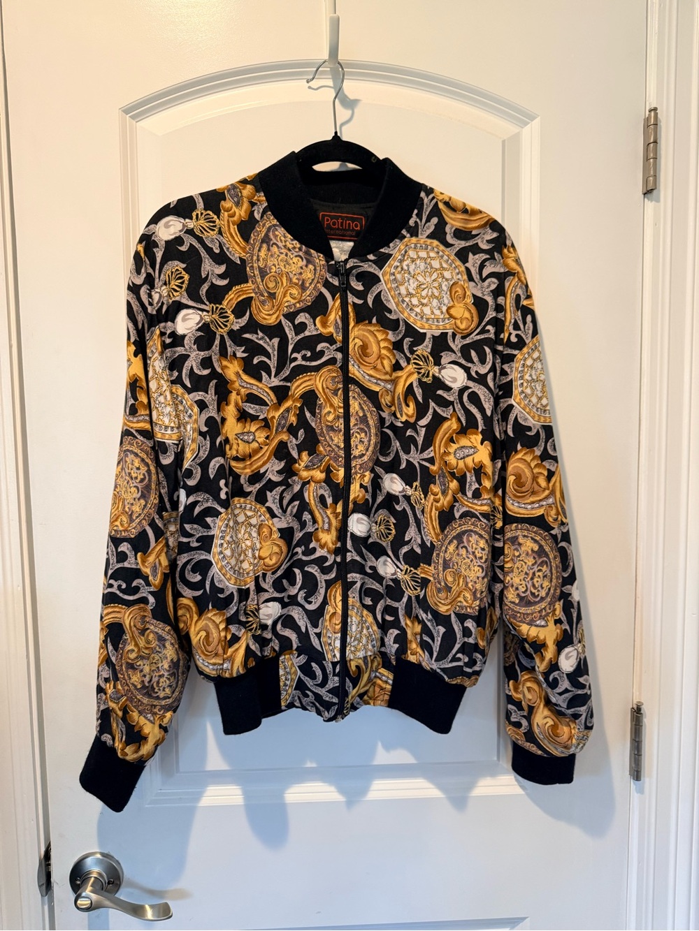 Women’s Black & Gold Baroque-Print Bomber Jacket